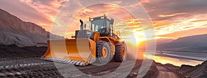 Bulldozer at sunset Heavy machinery on dirt terrain concept