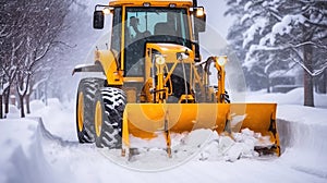 Bulldozer Tackling the Blizzard to Keep the Road Passable. Generative AI