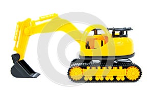 Bulldozer toy isolated on white background. Yellow bulldozer toy isolated. Modern bulldozer toy