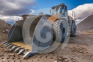 Bulldozer type excavator working in a rock and stone processing plant for gravel processing