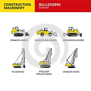 bulldozer vehicle and transport construction machinery icons set