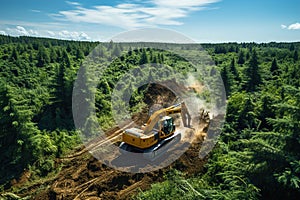 Bulldozers digging a dirt road in a forest. Global deforestation