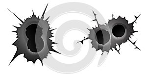 Bullet double hole on white background. set of double realisic metal bullet hole, damage effect. Vector illustration.