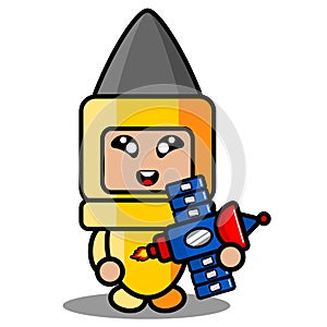 Bullet gun mascot costume holding satellite