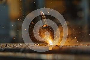 A bullet hitting the ground with force, causing an explosion of debris and dust, A bullet hitting a steel plate with a loud clang