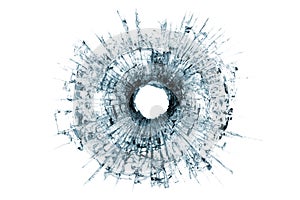 Bullet hole in glass isolated on white photo