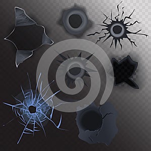 Bullet hole in glass and metal set on alpha transparent background. Realistic gunshot. photo