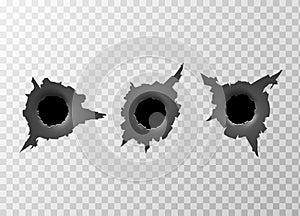 Bullet Hole. Torn surface from bullet. Ripped metal on transparent background. Vector illustration