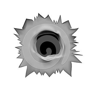 Bullet hole. Vector illustration of a through hole from a bullet in a metal surface on a white isolated background