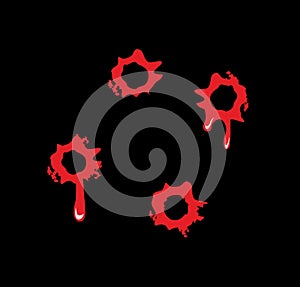 Bullet holes with blood splatters. Flat illustration on black background