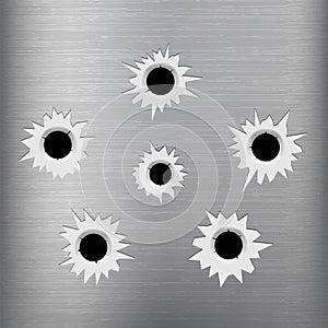 Bullet holes cracks illustration. Criminal gun steel hole. Target shot violence and war concept. Weapon vector hole