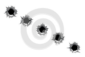 Bullet holes set isolated on white background. Realistic ragged metal holes row. Damage effect