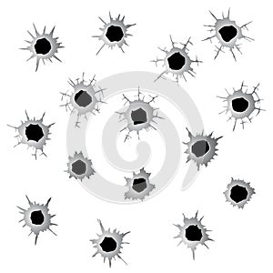 Bullet holes set. Ragged hole, damage and cracks on surface from bullet in monochrome color. Vector illustration