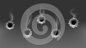 Bullet holes. Shoot gun, smoke effect or criminal illustration. Isolated on transparent background military vector