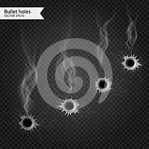 Bullet holes with smoke. Vector Isolated. Really transparent effect