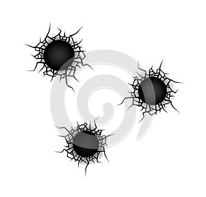 Bullet holes. on white. Vector. 3 shots. Illustration.