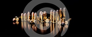 Bullet isolated on black background with reflexion. Rifle bullets close-up on black back. Cartridges for rifle and carbine on a