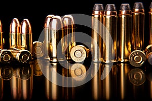 Bullet isolated on black background with reflexion. Rifle bullets close-up on black back. Cartridges for rifle and carbine on a