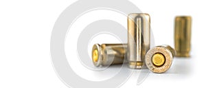 Bullet isolated on white background, banner with ammo for a gun, for 9mm pistol, close-up view