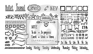 Bullet journal hand drawn elements for notebook, diary. Cute Hand drawn Doodle Banners isolated on white. Numbers and