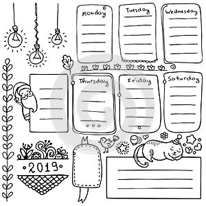 Bullet journal hand drawn vector elements for notebook, diary and planner.