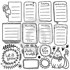 Bullet journal hand drawn vector elements for notebook, diary and planner.