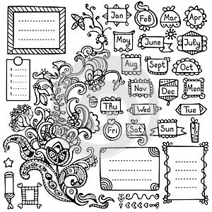 Bullet journal hand drawn vector elements for notebook, diary and planner.