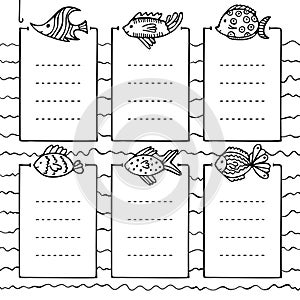 Bullet journal hand-drawn vector frames with different fish for notebook, diary, and planner.