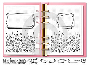 Bullet journal mock up crystal doodles. Hand drawn gemstones for notebook, diary. Doodles in open notebook.