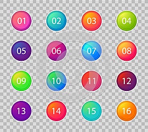 Bullet marker icon. Number points 1, 3, 4, 5, 7, 9, 10, 12 for infographic, presentation. Set of graphic button for scheme. Circle