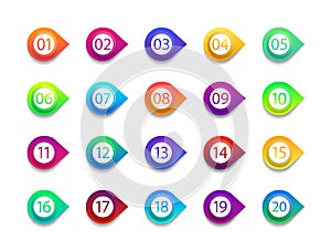 Bullet numbers. Infographic points for button. Circle with arrow markers. Infograph icon of steps from 1 to 20. List of colorful