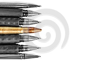 Bullet and pens on white background. Freedom of the press is at risk concept. World press freedom day concept