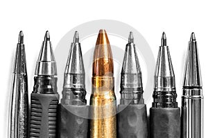 Bullet and pens on white background. Freedom of the press is at risk concept. World press freedom day concept