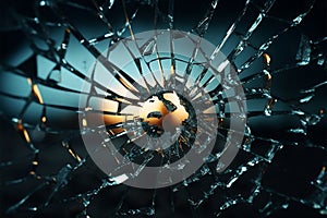 Bullet pierced glass, creating a web of radial cracks outward