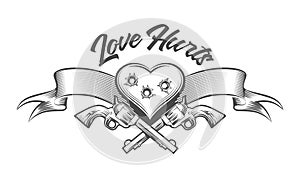 Bullet Pierced Heart with Revolvers and Ribbon Tattoo