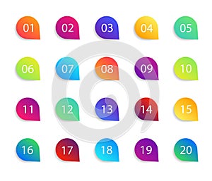 Bullet point icons with numbers. Color circles for infographic with shadow. Markers with number 1 to 20. Rounds for buttons, tags