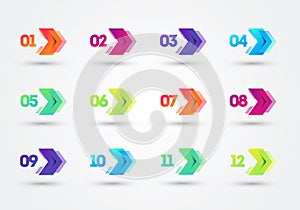 Vector Illustration Modern Colorful Bullet Points With Number 1 To 12. Arrows In Cyber Look photo