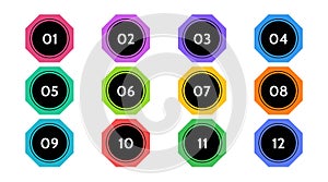 Bullet points data, info markers. icon arrow set. Number Flags 1 to 12 Flat design isolated vector. infographic