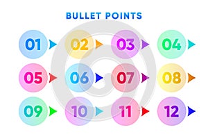 Bullet Points. Direction Number from one to twelve. Different color a drops. Vector illustration.