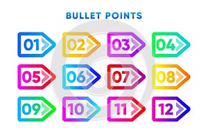 Bullet Points. Direction Number from one to twelve. Different color a drops. Vector illustration.