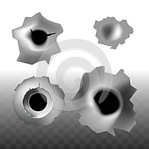 Bullet shot holes on vector transparent background crack icons set