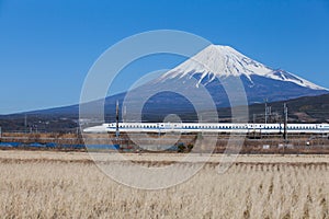 Bullet train Tokaido Shinkansen with view of mountain fuji