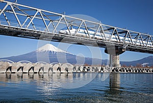 Bullet train Tokaido Shinkansen with view of mountain fuji