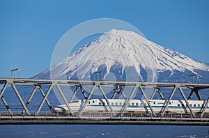 Bullet train Tokaido Shinkansen with view of mountain fuji