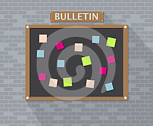 Bulletin board hanging on brick wall