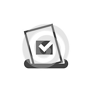 Bulletin with check mark placed in box. Voting document glyph icon. Marketing survey, anonymous choice concept label