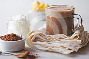 BULLETPROOF CACAO. Ketogenic keto diet hot drink. Cacao blended with coconut oil and butter. Cup of bulletproof cacao