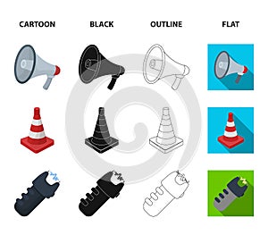 Bulletproof vest, megaphone, cone of fencing, electric shock. Police set collection icons in cartoon,black,outline,flat