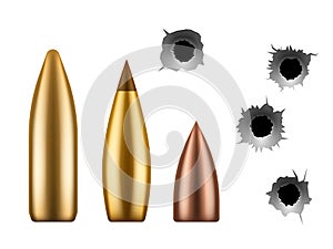 Bullets and bullet holes. Circle hole in metal wall, close up gunshot texture and caliber of weapon, shooting handgun