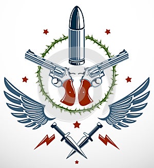 Bullets and guns vector emblem of Revolution and War, logo or tattoo with lots of different design elements, anarchy and chaos